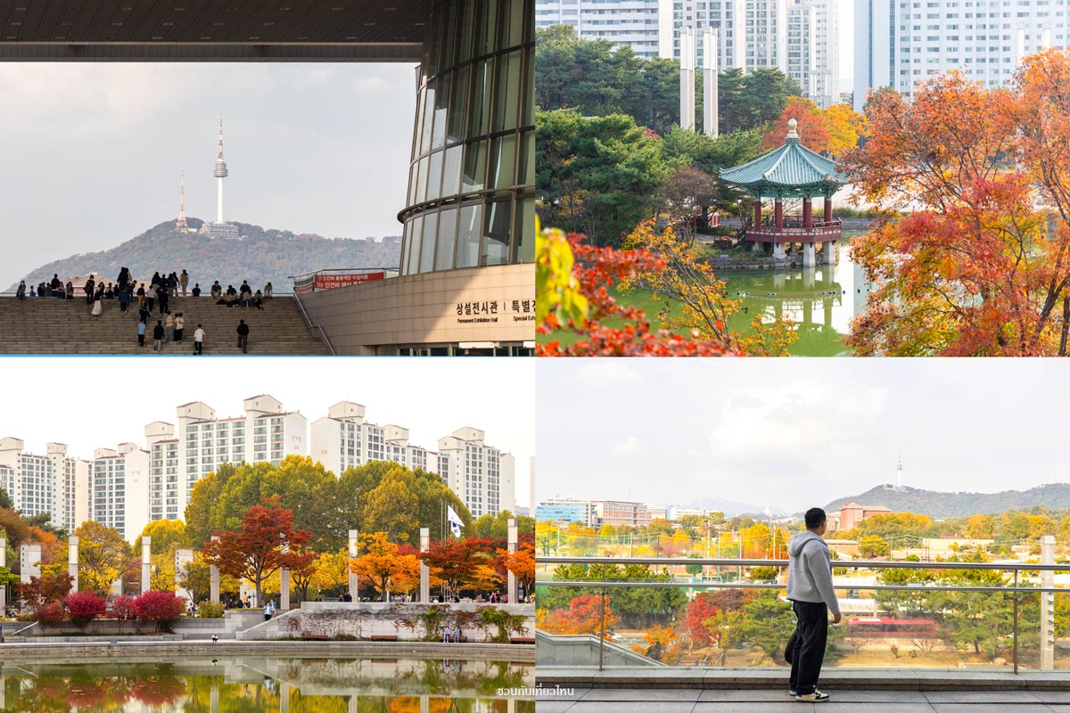 สวนหย่อมและสระน้ำหน้าพิพิธภัณฑ์สถานแห่งชาติเกาหลี มีศาลาเกาหลีโบราณและต้นเมเปิลสีแดงสะท้อนเงาบนผิวน้ำ