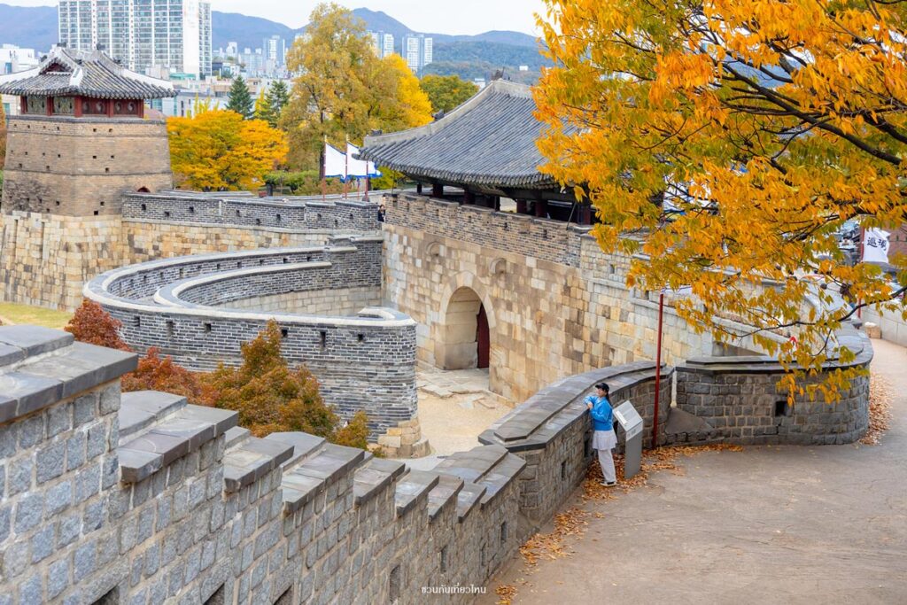 ทัศนียภาพเมืองซูวอนและทิวทัศน์ธรรมชาติเปลี่ยนสีเมื่อมองจากทางเดินแนวกำแพงป้อมฮวาซอง