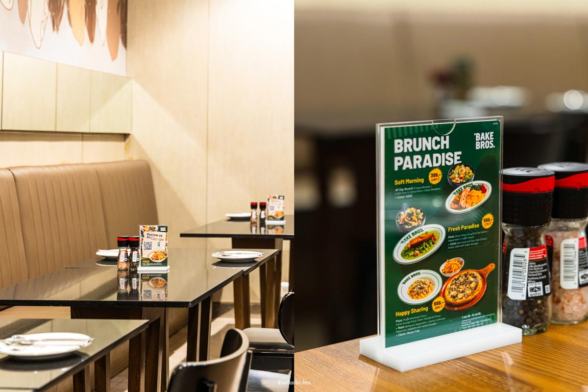โต๊ะอาหารเมนู New York Brunch พาสต้าเส้นสดและสเต็กที่ร้าน BAKE BROS Terminal 21
